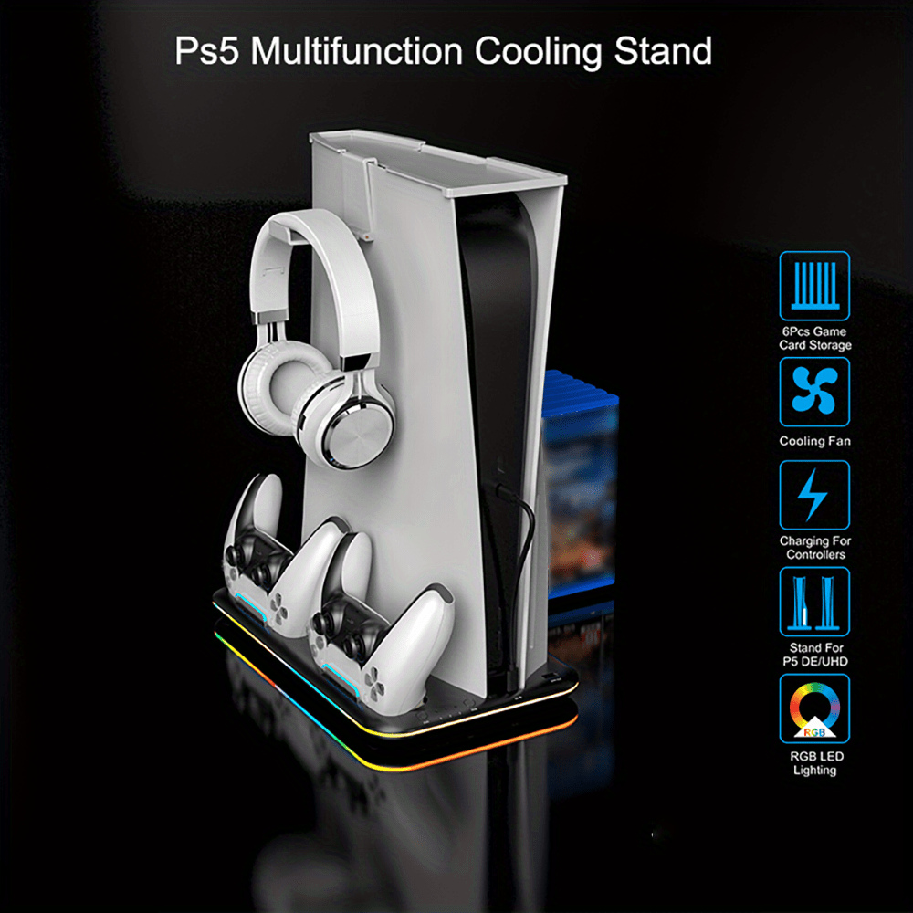 RGB PS5 Cooling Stand & Rapid Charger - High-Performance Fan, Dual Dock, Compatible with Disc & Digital Edition, Complete Set including Headset Stand, 6 Game Slots, Screws & Dust Cover