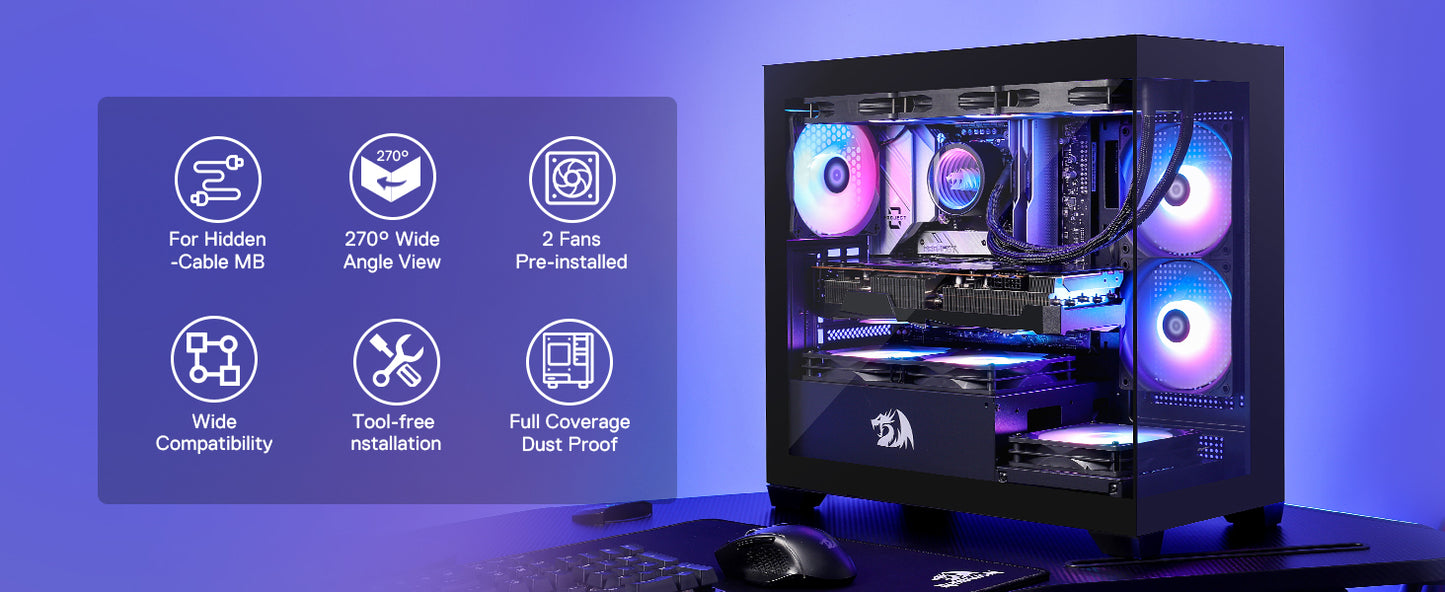 Redragon GC218M Gaming Back-Mounted PC Case, M-ATX Computer Chassis 2 x 120mm Fans Pre-Installed & High Airflow Perforated Panel