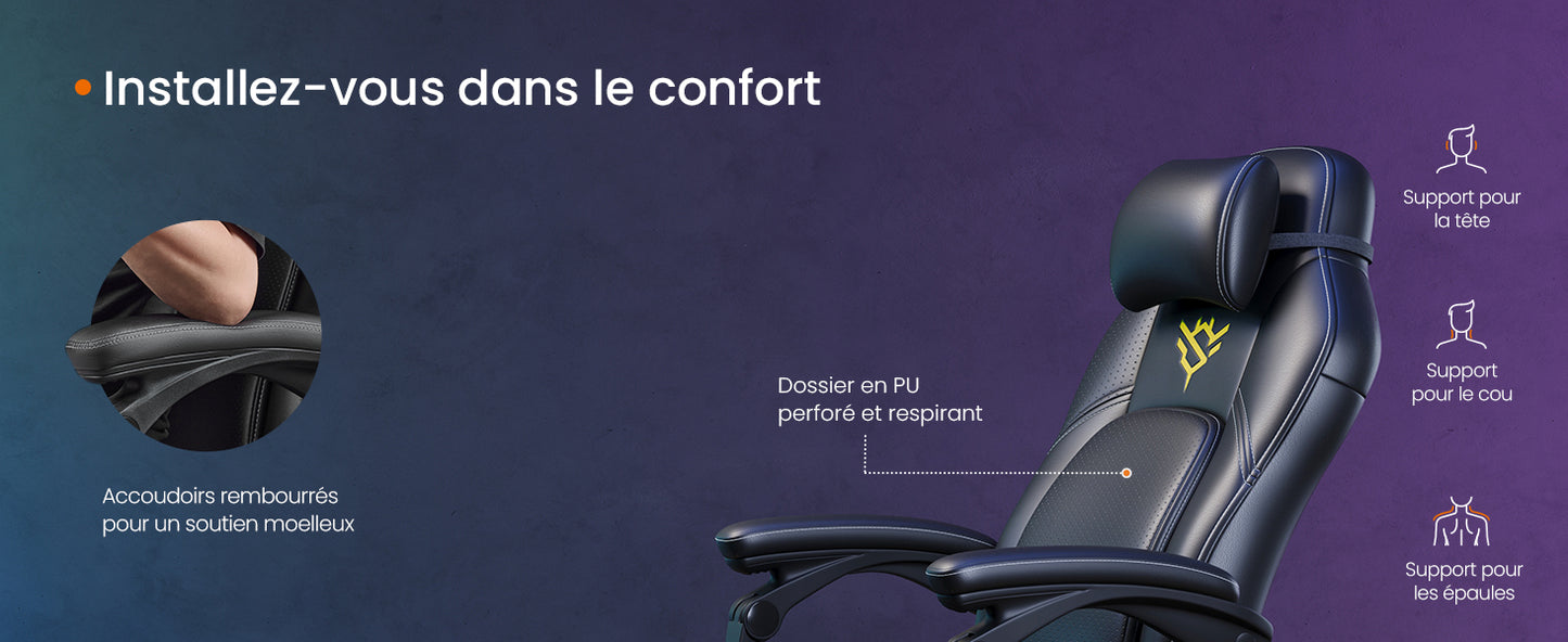 HOME Fauteuil Gaming, Chaise de Bureau Ergonomique avec Repose-Pieds, Chaise Gamer avec Appui-tête, PU, Hauteur Réglable, Noir