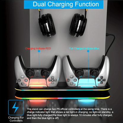 RGB PS5 Cooling Stand & Rapid Charger - High-Performance Fan, Dual Dock, Compatible with Disc & Digital Edition, Complete Set including Headset Stand, 6 Game Slots, Screws & Dust Cover