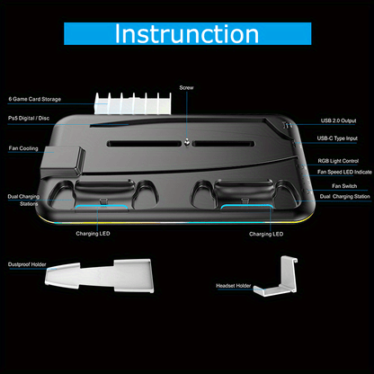 RGB PS5 Cooling Stand & Rapid Charger - High-Performance Fan, Dual Dock, Compatible with Disc & Digital Edition, Complete Set including Headset Stand, 6 Game Slots, Screws & Dust Cover