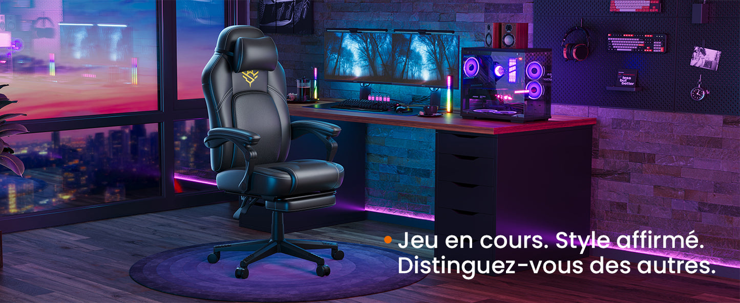 HOME Fauteuil Gaming, Chaise de Bureau Ergonomique avec Repose-Pieds, Chaise Gamer avec Appui-tête, PU, Hauteur Réglable, Noir