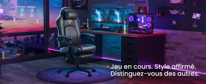 HOME Fauteuil Gaming, Chaise de Bureau Ergonomique avec Repose-Pieds, Chaise Gamer avec Appui-tête, PU, Hauteur Réglable, Noir