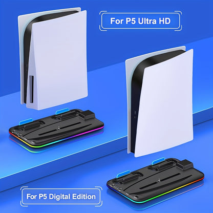 RGB PS5 Cooling Stand & Rapid Charger - High-Performance Fan, Dual Dock, Compatible with Disc & Digital Edition, Complete Set including Headset Stand, 6 Game Slots, Screws & Dust Cover