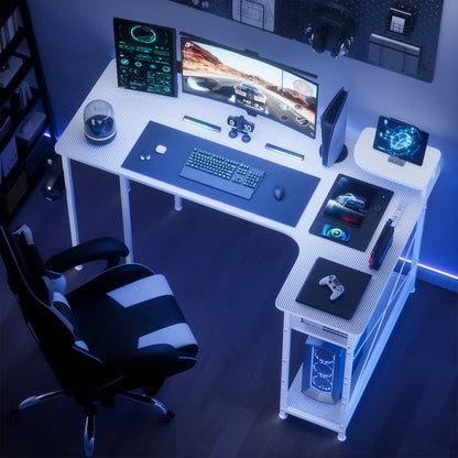 L-Shape Gaming Desk with Drawers, Carbon Fiber Computer Desk with Monitor Arm, Gaming Desk for Home Office Desks