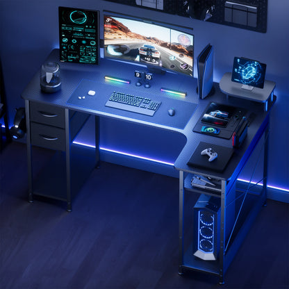 L-Shape Gaming Desk with Drawers, Carbon Fiber Computer Desk with Monitor Arm, Gaming Desk for Home Office Desks