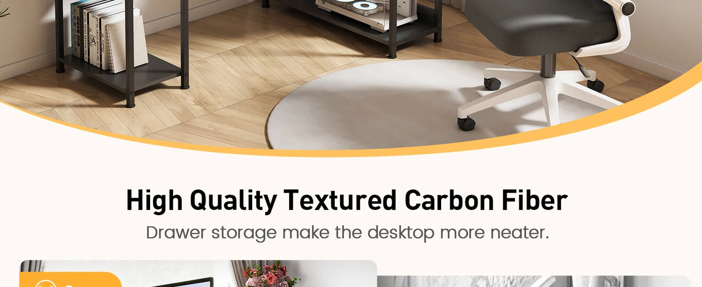 L-Shape Gaming Desk with Drawers, Carbon Fiber Computer Desk with Monitor Arm, Gaming Desk for Home Office Desks