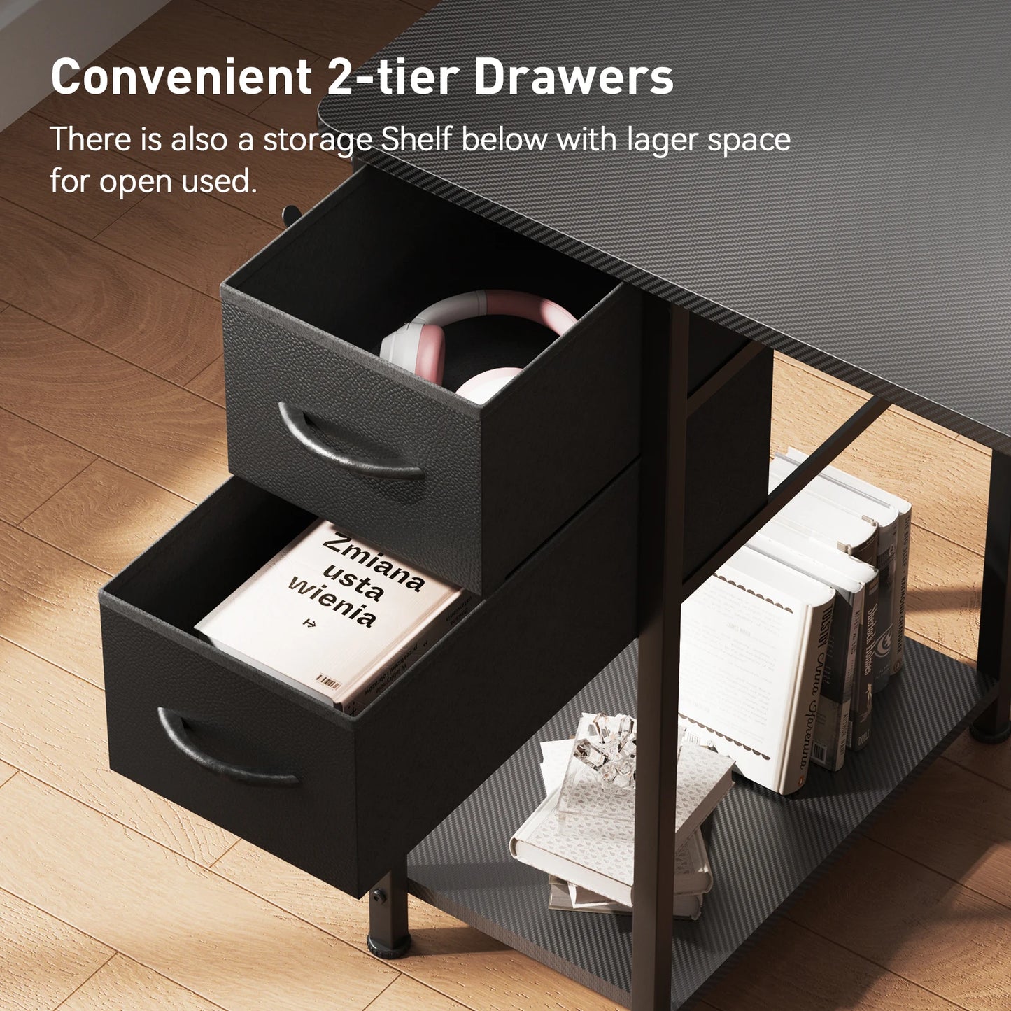 L-Shape Gaming Desk with Drawers, Carbon Fiber Computer Desk with Monitor Arm, Gaming Desk for Home Office Desks