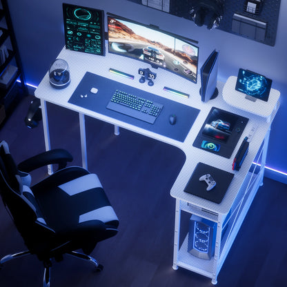 L-Shape Gaming Desk with Drawers, Carbon Fiber Computer Desk with Monitor Arm, Gaming Desk for Home Office Desks