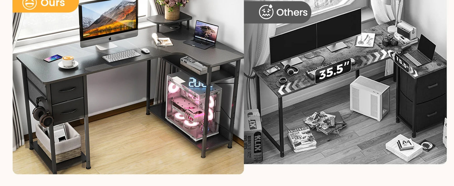 L-Shape Gaming Desk with Drawers, Carbon Fiber Computer Desk with Monitor Arm, Gaming Desk for Home Office Desks