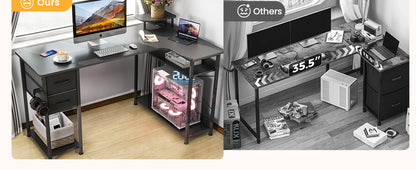 L-Shape Gaming Desk with Drawers, Carbon Fiber Computer Desk with Monitor Arm, Gaming Desk for Home Office Desks