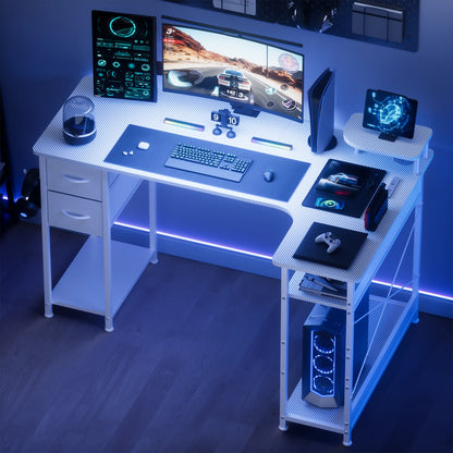 L-Shape Gaming Desk with Drawers, Carbon Fiber Computer Desk with Monitor Arm, Gaming Desk for Home Office Desks