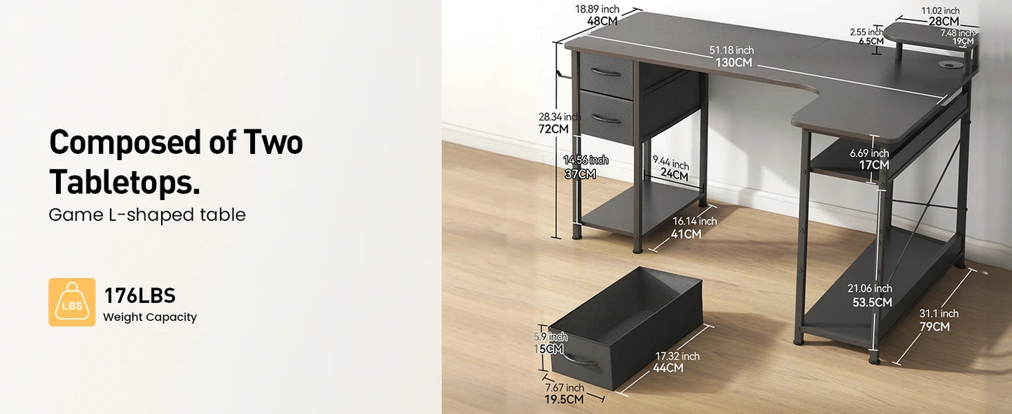 L-Shape Gaming Desk with Drawers, Carbon Fiber Computer Desk with Monitor Arm, Gaming Desk for Home Office Desks