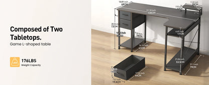 L-Shape Gaming Desk with Drawers, Carbon Fiber Computer Desk with Monitor Arm, Gaming Desk for Home Office Desks