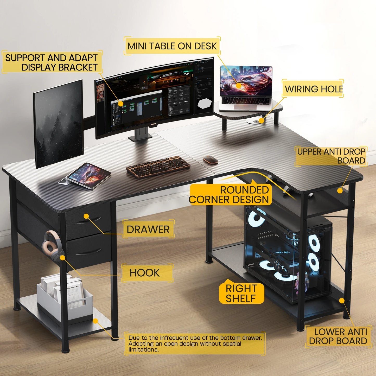 L-Shape Gaming Desk with Drawers, Carbon Fiber Computer Desk with Monitor Arm, Gaming Desk for Home Office Desks