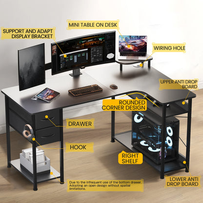 L-Shape Gaming Desk with Drawers, Carbon Fiber Computer Desk with Monitor Arm, Gaming Desk for Home Office Desks