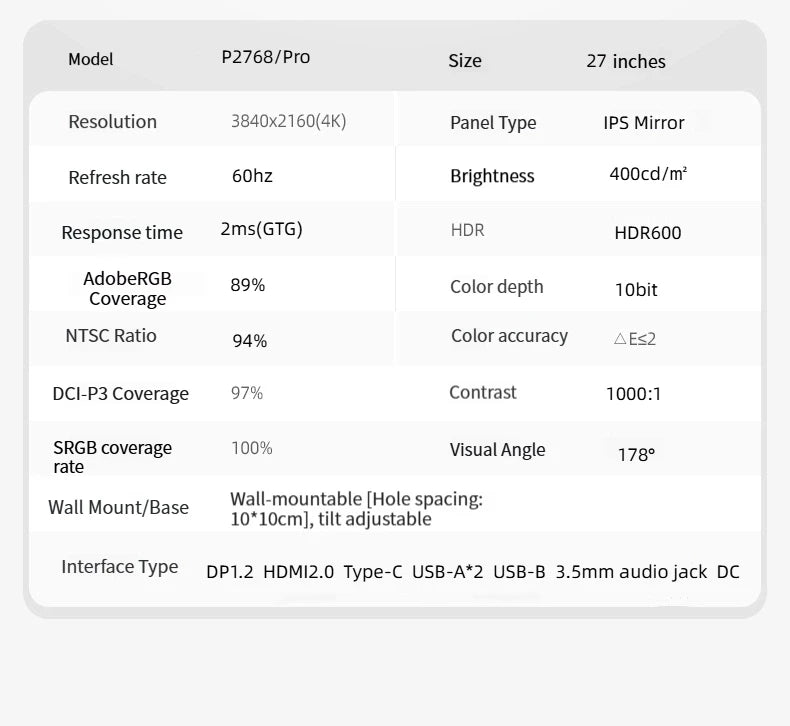 Monitor PC 4k 27 "60Hz  HD IPS Bezel-less Vertical Screen Design Desktop PC LCD Monitor Type-c External Screen