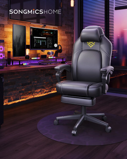 HOME Fauteuil Gaming, Chaise de Bureau Ergonomique avec Repose-Pieds, Chaise Gamer avec Appui-tête, PU, Hauteur Réglable, Noir