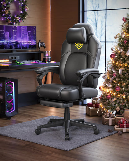 HOME Fauteuil Gaming, Chaise de Bureau Ergonomique avec Repose-Pieds, Chaise Gamer avec Appui-tête, PU, Hauteur Réglable, Noir