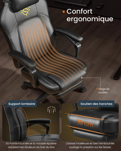HOME Fauteuil Gaming, Chaise de Bureau Ergonomique avec Repose-Pieds, Chaise Gamer avec Appui-tête, PU, Hauteur Réglable, Noir