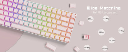 Crystal jelly keycaps, side-engraved 113 keys, suitable for 61/68/84/87/98/100-key Cherry Gateron MX mechanical keyboards, pink.