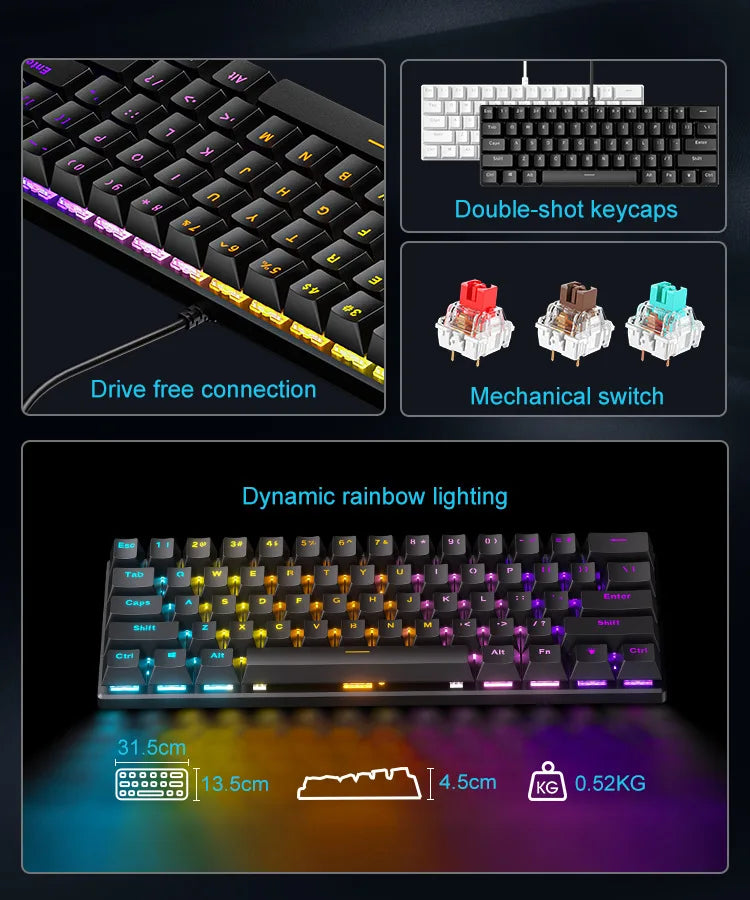 Teclado mecanico 60% gaming keyboard gamer mechanical keyboards pc teclados laptop oficina mini key board klavye teclas white