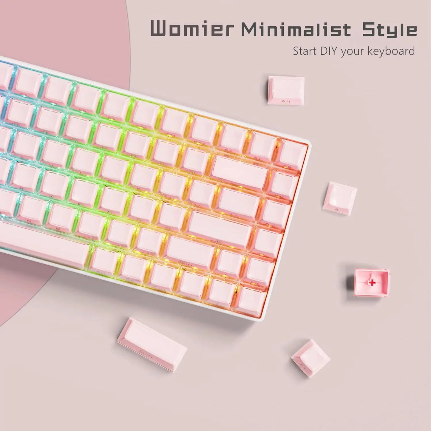 Crystal jelly keycaps, side-engraved 113 keys, suitable for 61/68/84/87/98/100-key Cherry Gateron MX mechanical keyboards, pink.