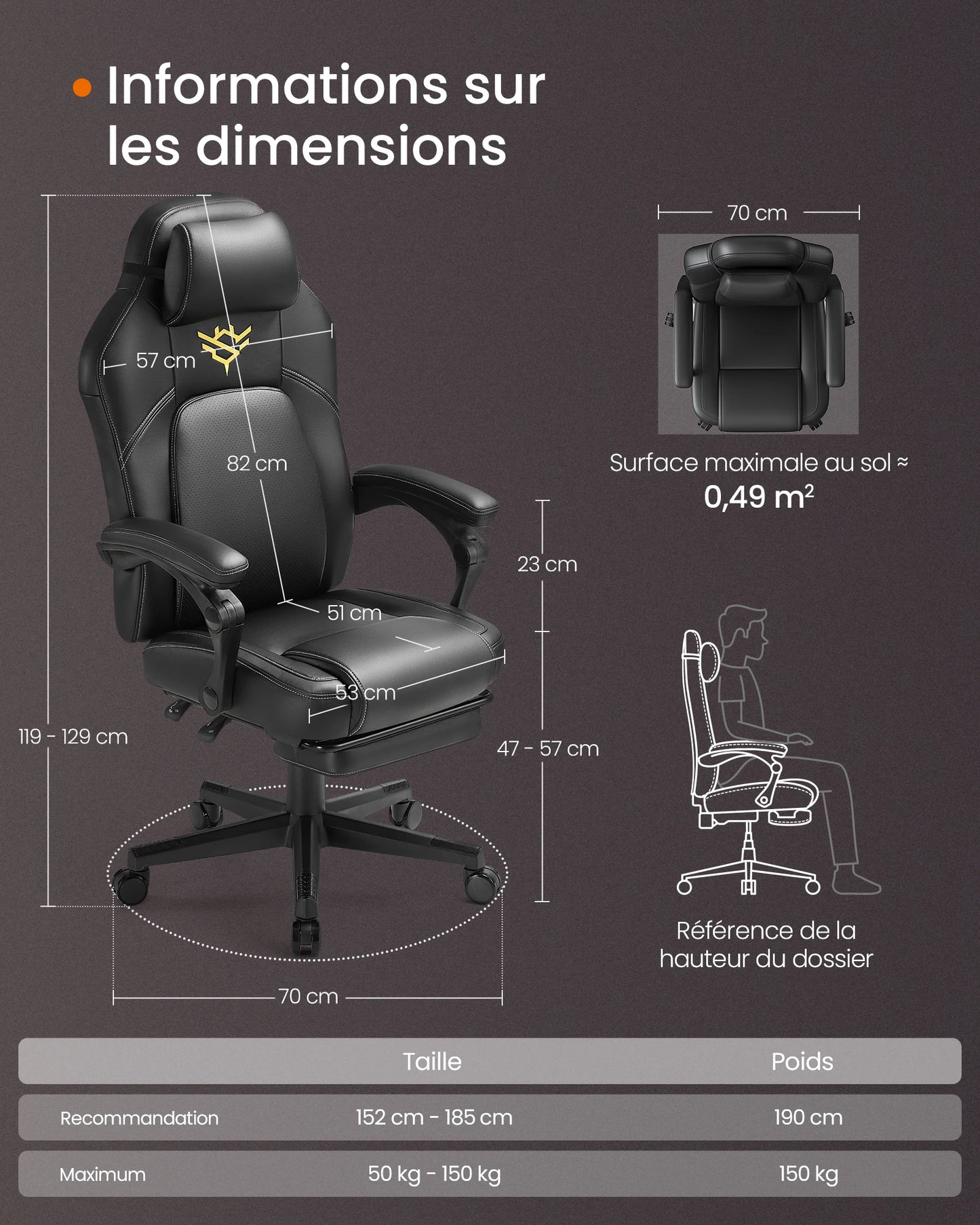HOME Fauteuil Gaming, Chaise de Bureau Ergonomique avec Repose-Pieds, Chaise Gamer avec Appui-tête, PU, Hauteur Réglable, Noir