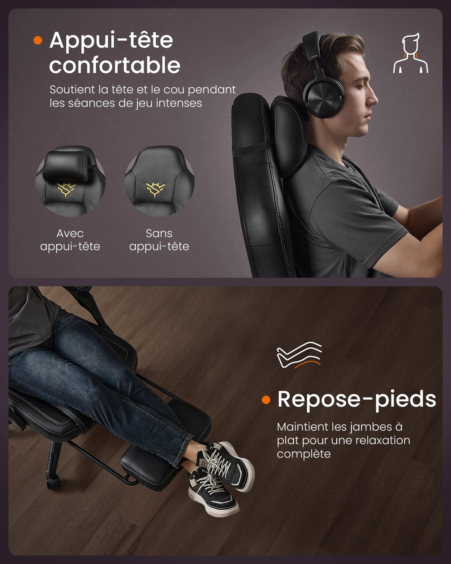 HOME Fauteuil Gaming, Chaise de Bureau Ergonomique avec Repose-Pieds, Chaise Gamer avec Appui-tête, PU, Hauteur Réglable, Noir