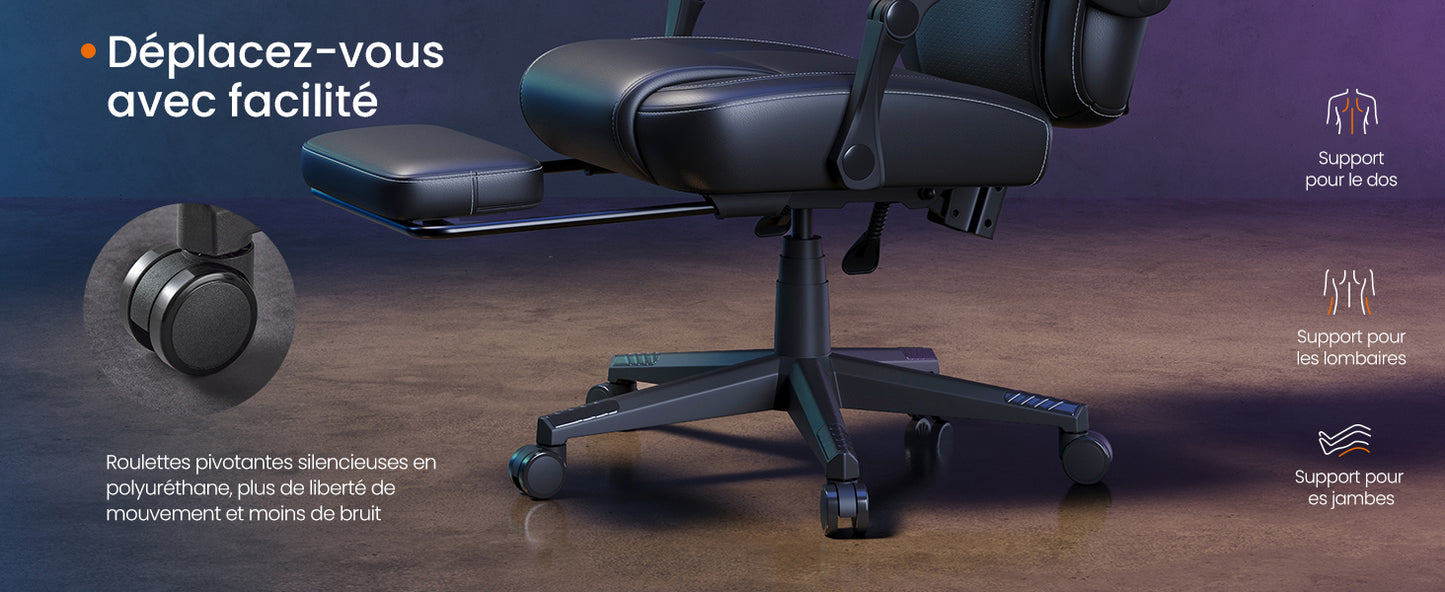 HOME Fauteuil Gaming, Chaise de Bureau Ergonomique avec Repose-Pieds, Chaise Gamer avec Appui-tête, PU, Hauteur Réglable, Noir