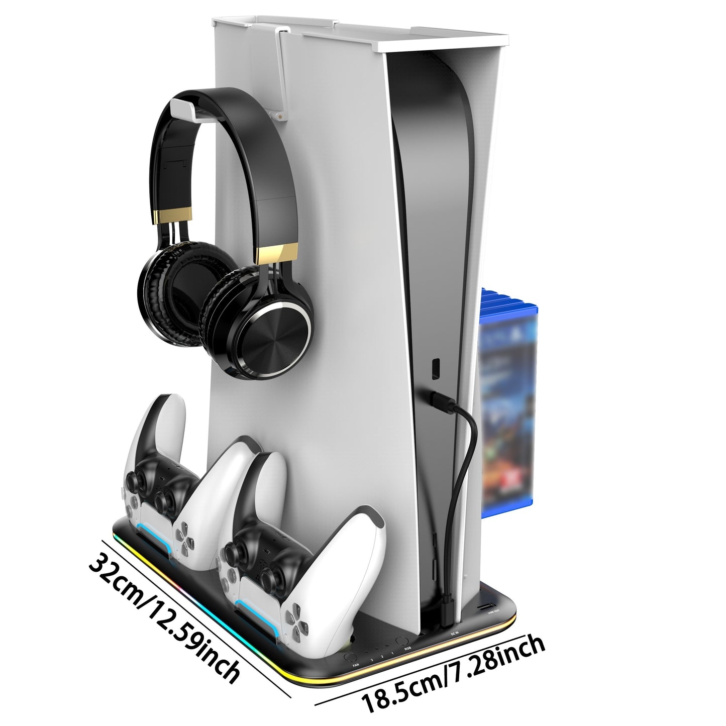 RGB PS5 Cooling Stand & Rapid Charger - High-Performance Fan, Dual Dock, Compatible with Disc & Digital Edition, Complete Set including Headset Stand, 6 Game Slots, Screws & Dust Cover