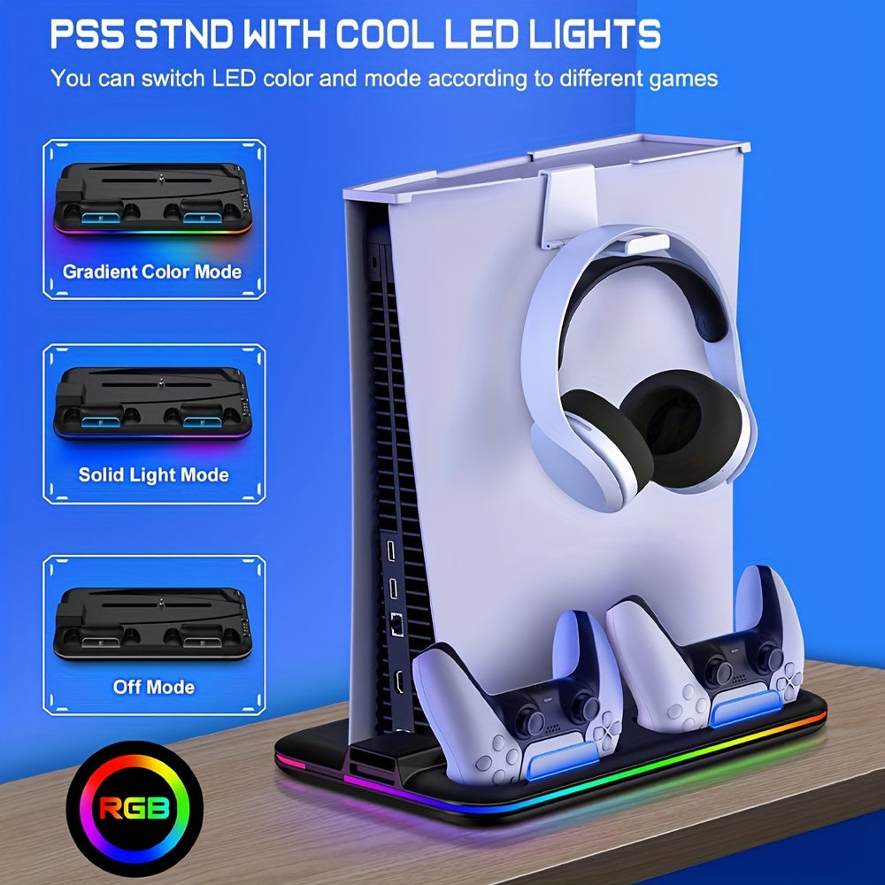 RGB PS5 Cooling Stand & Rapid Charger - High-Performance Fan, Dual Dock, Compatible with Disc & Digital Edition, Complete Set including Headset Stand, 6 Game Slots, Screws & Dust Cover